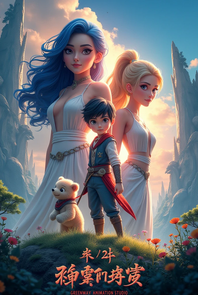 4k,Create 3d poster ,2 3d girl,1 warrior boy, furry character, add text "Greenway Animation Studio "