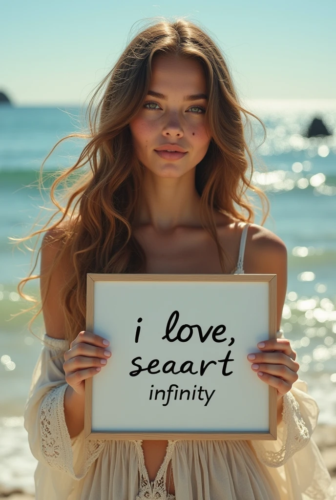Beautiful girl with wavy long hair, bohemian dress, holding a white board with text "I Love Seaart Infinity" and showing it to the viewer