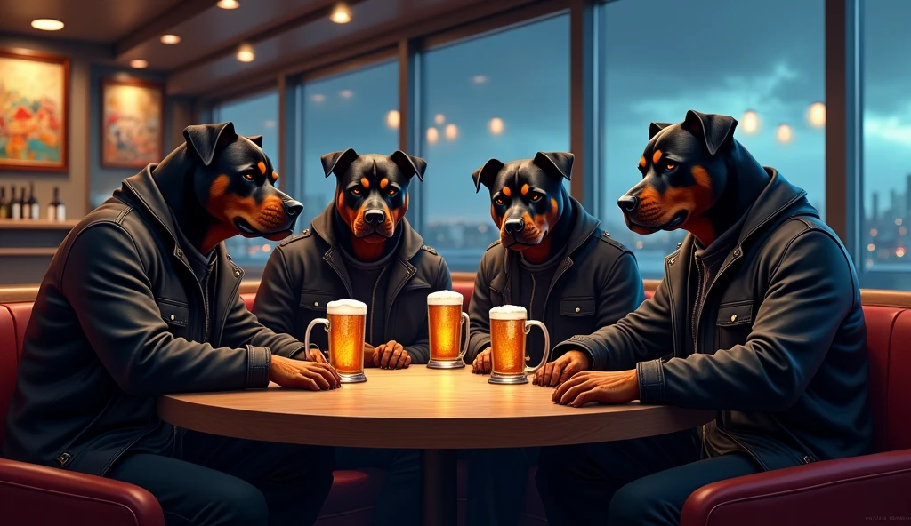 Ganster rotwillers on restaurant with contempory background enjoying beers and view