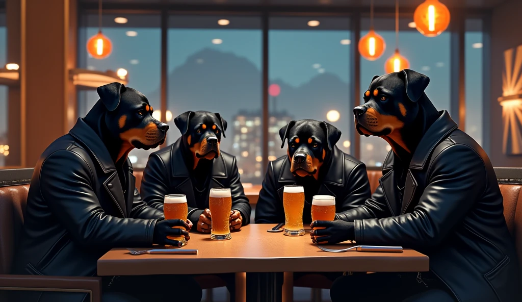 Ganster rotwillers on restaurant with contempory background enjoying beers and view