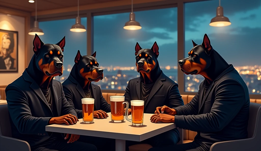 Ganster rotwillers on restaurant with contempory background enjoying beers and view