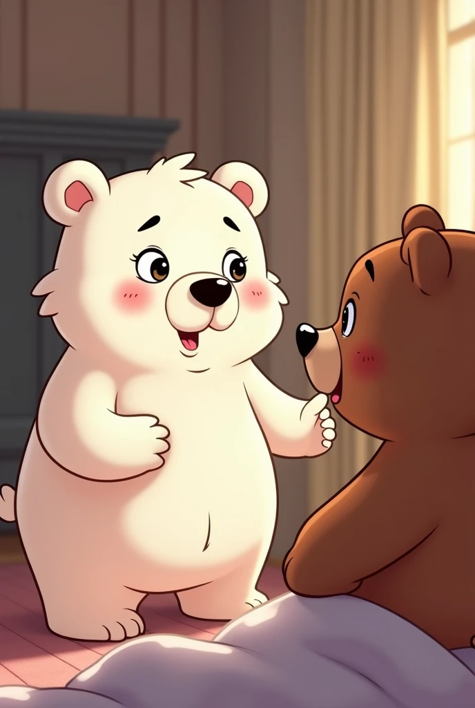 Make a horny white animated bear watching a brown bear while pointing at a bed