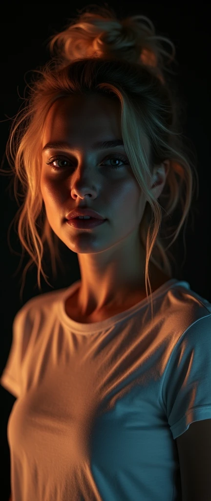 analog photo,silhouette,spotlight,close up portrait,
a beautiful cute  young Swiss woman,1,highly detailed face,blonde,messy bun,
seducing facial expression,wearing t-shirt,dark background,warm colors,
RAW candid cinema,16mm,color graded portra 400 film,remarkable color,ultra realistic,