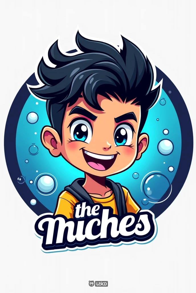 Create me a circular logo mascot with a blue background and bubbles where the mascot is a reggaeton boy with black hair and below it has the letters "THE MICHES"
