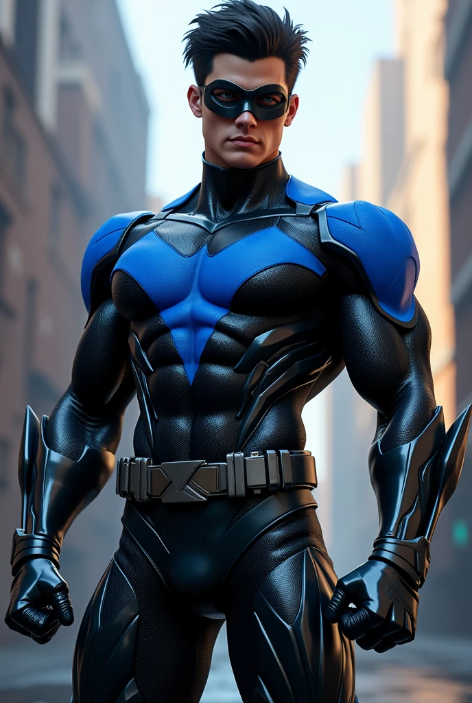 Full body photorealistic handsome hunky masculine Titans Nightwing,,unreal engine, extremely attractive male wearing black and blue and scales transparent mesh bodysuit, with belt and gloves and black mask,,,extremely masculine physique, intricately detailed metal body armour, super bulge, realistic skin, in action, fantasy background