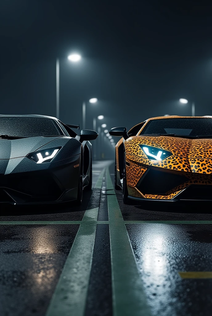 A highly realistic image of two supercars viewed from the front, parked side by side in a dimly lit parking lot at night. Both cars have their headlights on, illuminating the area in front of them. The first car on the left is a sleek, matte black vehicle with an aggressive, modern design. The second car on the right has a striking leopard print exterior, bold and eye-catching. The parking lot has typical features like marked parking spaces, and there are faint reflections on the wet asphalt from the cars' lights