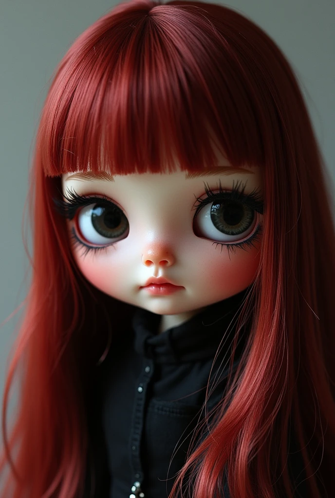 create a blythe doll with dark black eyes, straight dark reddish hair, long eyelashes, a piercing on the left eyebrow. NO straight bangs.