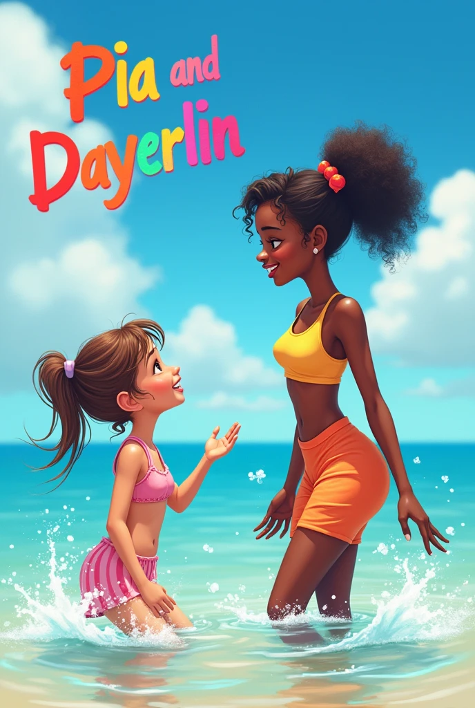 Dark-skinned woman playing in the sea with a white girl with light brown hair, the woman on the right side and the girl on the left side with their names written in the sky that says Pia with the first letter capitalized and rainbow-colored letters and written in the sky the name Dayerlin with the first letter capitalized and rainbow colors, the text Pia on the right side in the sky and Dayerlin on the left side in the sky