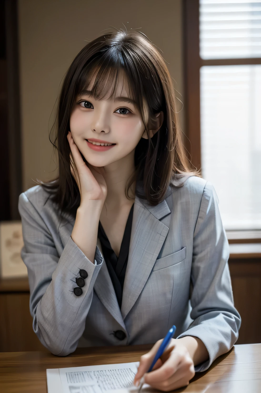 tabletop,masterpiece, best quality, highres, HDR, 8k, a very beautiful japanese girl in suit at office, black hair, bangs, focused face,smile,happy