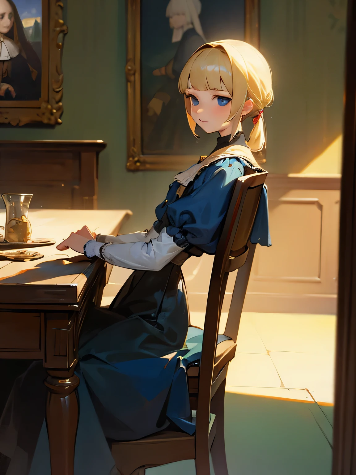 Tabletop, girl,World Masterpiece Theatre, Ride Blonde Hair, Adult Lady, shape, Looking at the audience, Material, canvas, Oil, Vermeer Artist ,