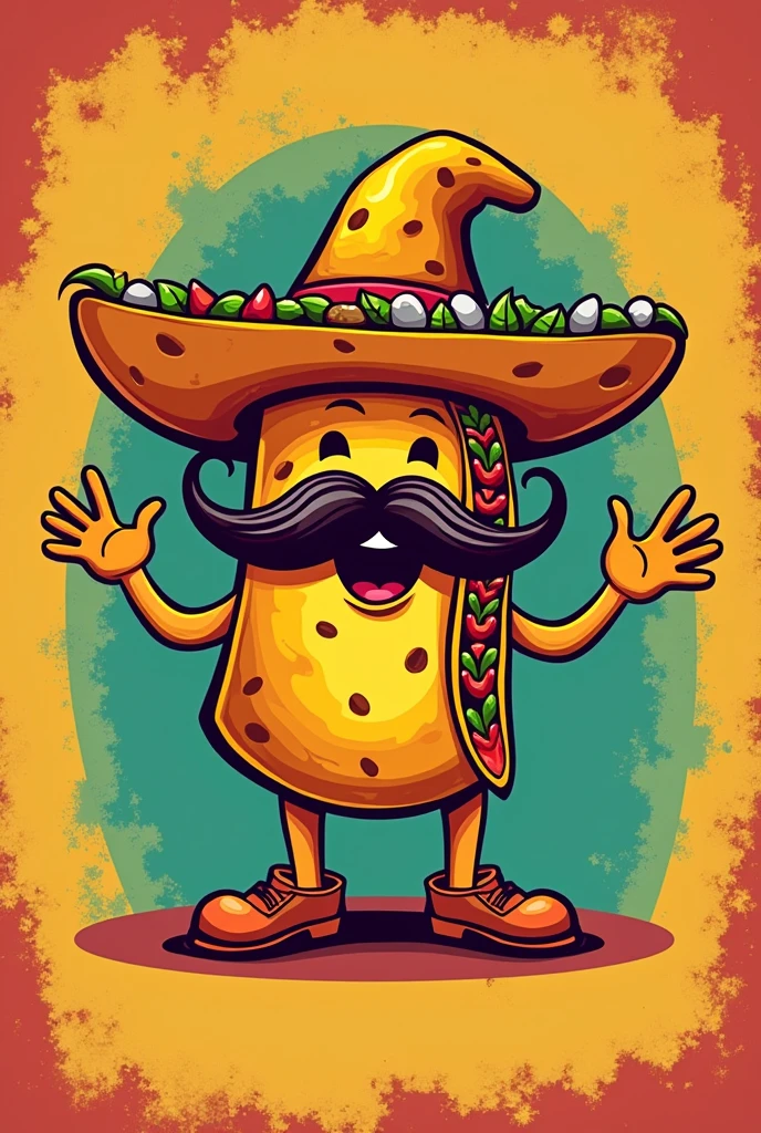 Create a logo for a Mexican chilaquil with a mustache, Charro hat, legs and hands