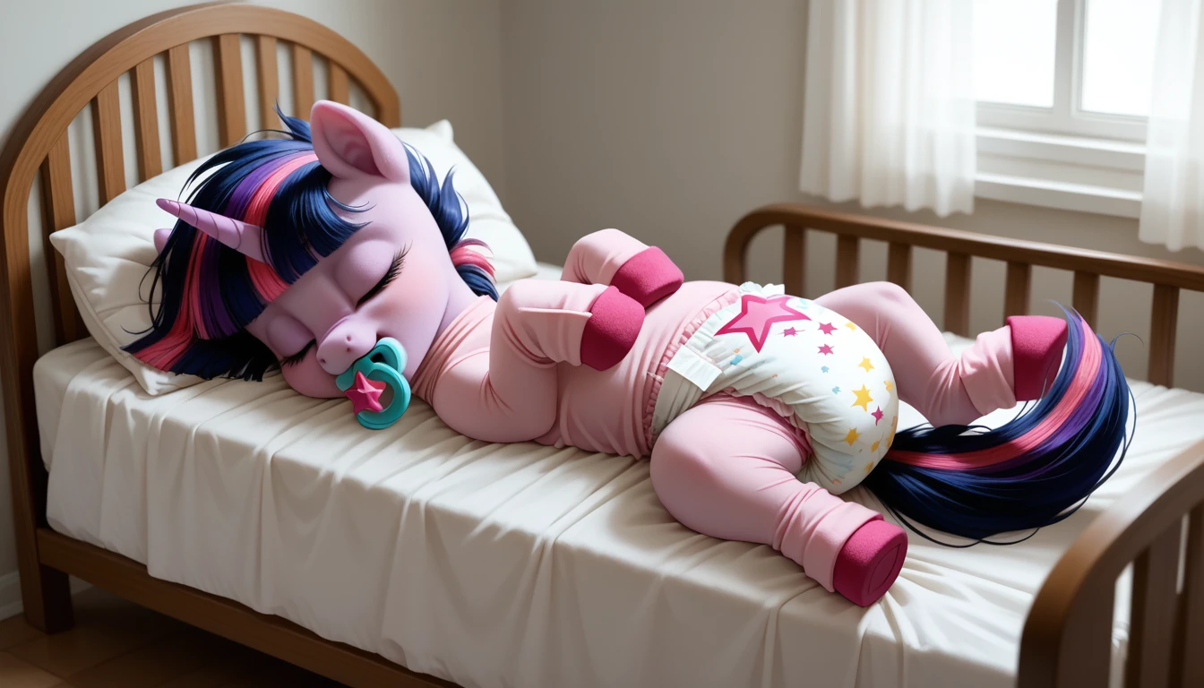 pony, purple unicorn, dark blue mane with purple streak and pink streak, the tail is dark blue with a purple strand and a pink strand, closed eyes, on the side close to the back hoof is a drawing of a pink star with six small stars around a central star, adult mare, sleeps in an adult-sized crib, dressed in an adult size bodysuit and booties, baby adult size pacifier in mouth, solo, thick diaper under clothes.
