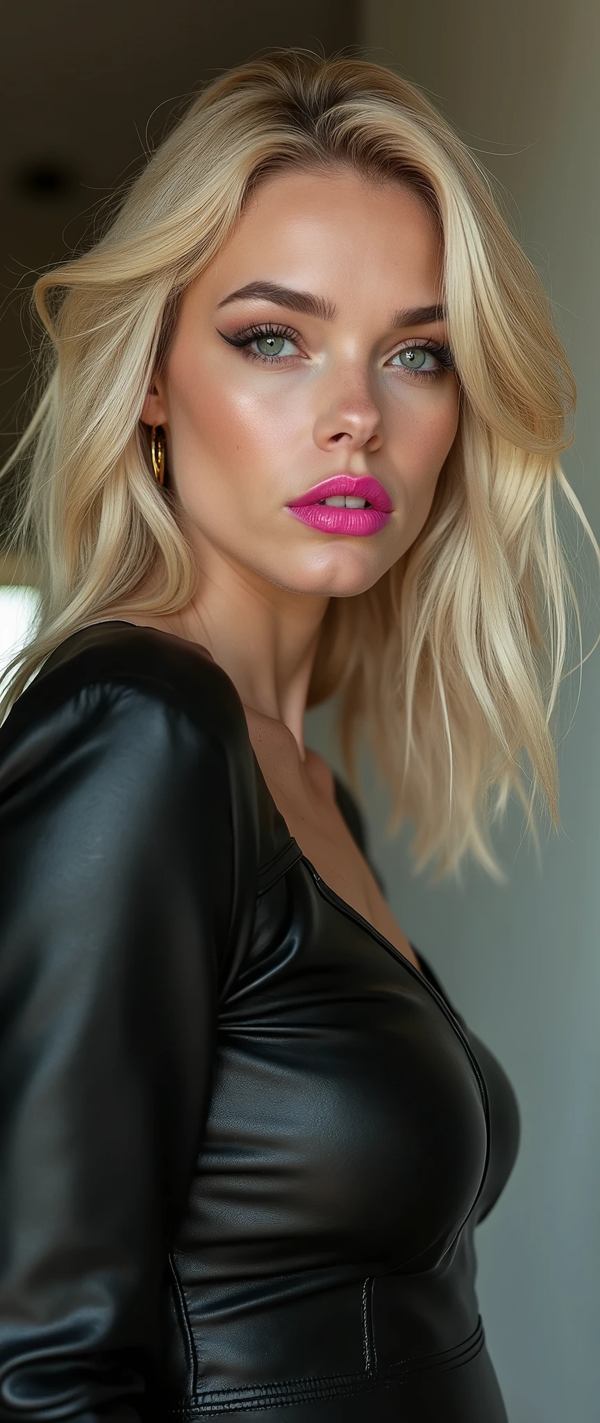 a closup of a woman, fractal punk, blond hair, portrait shot, beautiful female, fair skin, she is dressed in leather clothes, light makeup, natural look, jet pink lipstick, beautiful eye brows, eye lashes, realistic lips, eye details, big breast, fair breast, realistic skin texture, lovely fas, hot pose, seduced, 