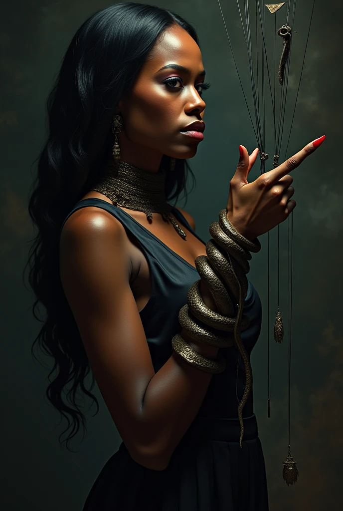 Black woman hand one wrist wrapped with snake holding puppet strings 