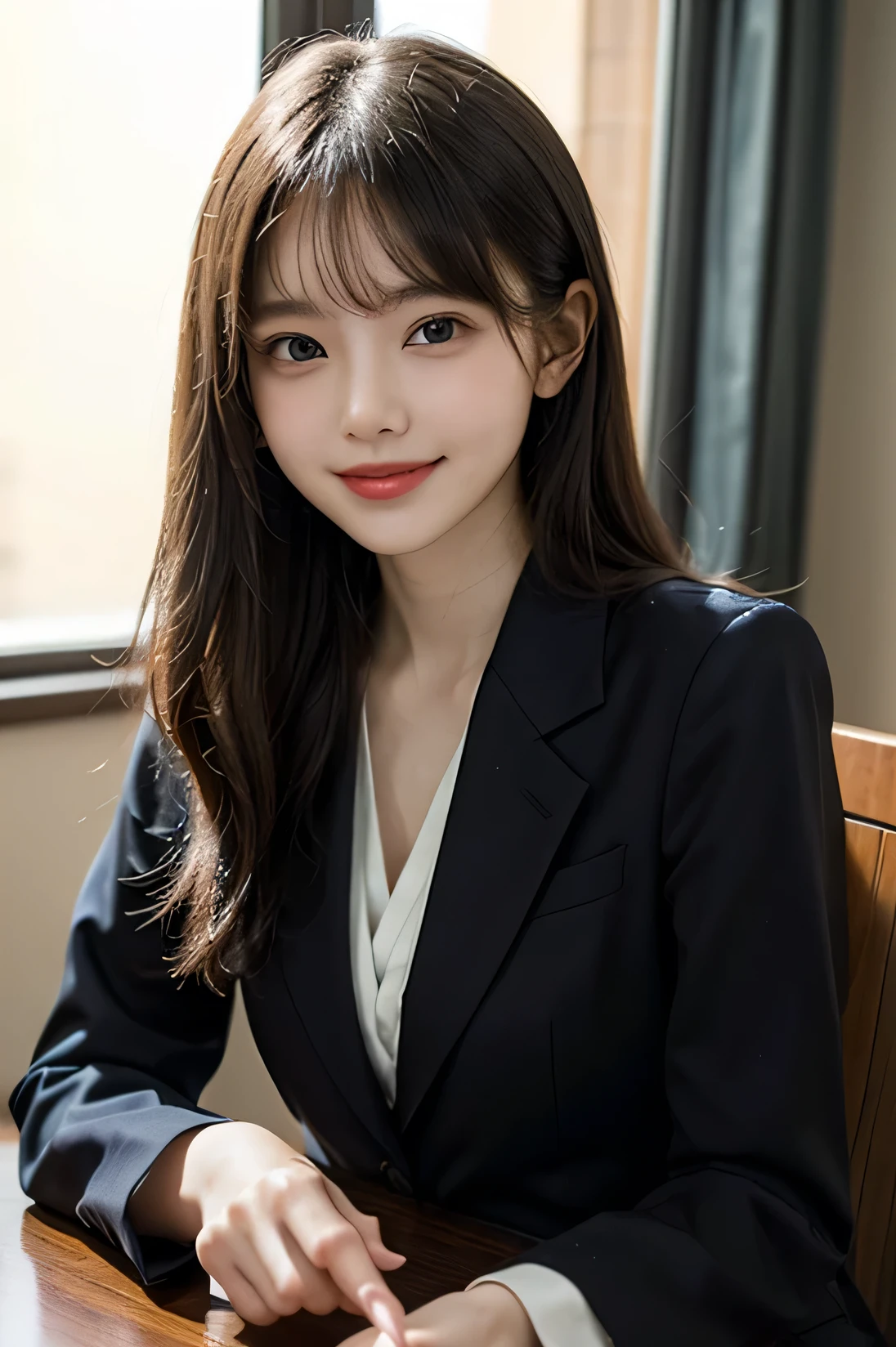 tabletop,masterpiece, best quality, highres, HDR, 8k, a very beautiful japanese girl in suit at office, black hair, bangs, focused face,smile,happy