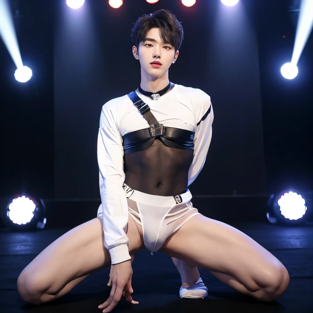 Korean handsome male idol,20 years old,Penis Exposure, Wearing a harness, Kneel down and spread your legs , Exposed, Pretty legs, Pretty Man, Adonis, thin arms, breast exposure,Long sleeve t-shirt, selling oneself, During a stage performance, seductive posture