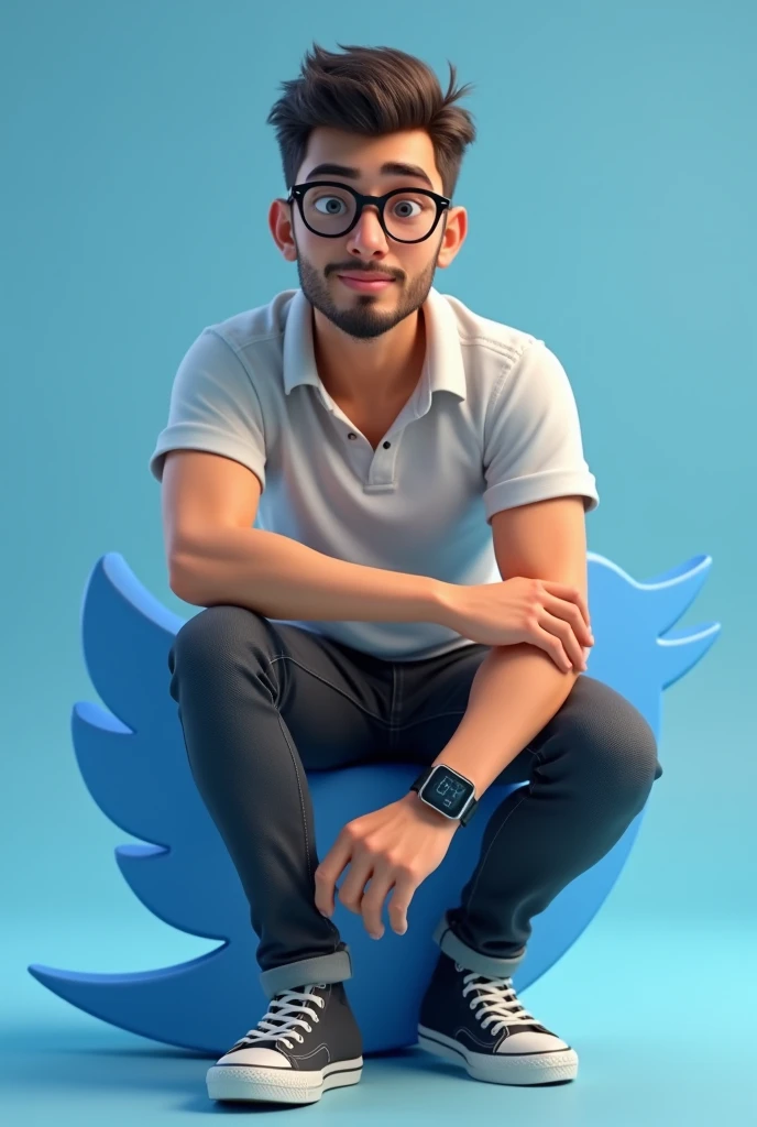 Create a profile pic for twitter a handsome realistic animated young slim boy sitting casually on 'twitter logo'. He has short beard with golden frame john jacob spec and square digital watch, wearing collar t shirt and black jeans and profile pic name 'Sumit kadam'
