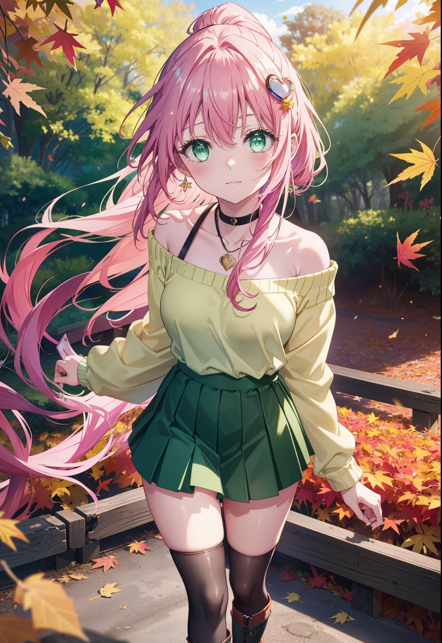 Laladevi Luke, Lara Deviluke, Long Hair, Pink Hair, tail, Ahoge, bangs, hair ornaments, (Green Eyes:1.5), smile,Open your mouth,ponytail,Open your mouth,blush,
break demon tail, Bare neck,bare clavicle,Bare shoulders,Heart Necklace,Off-the-shoulder sweater,mini skirt,black tights, short boots,autumn leaves,autumn leavesが散っている,autumn leavesが積もっている,Daytime,Clear skies,whole bodyがイラストに入るように,
break outdoors, forest,
break looking at viewer, whole body,
break (masterpiece:1.2), Highest quality, High resolution, unity 8k wallpaper, (figure:0.8), (beautiful detailed eyes:1.6), extremely detailed face, Perfect lighting, extremely detailed CG, (Perfect hands, Perfect Anatomy),