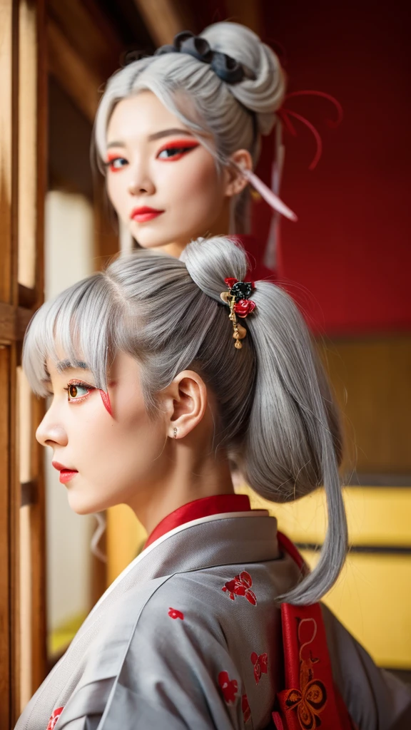 Gray Hair、Red eyes kimono yellow Fang Hairpin tattoo