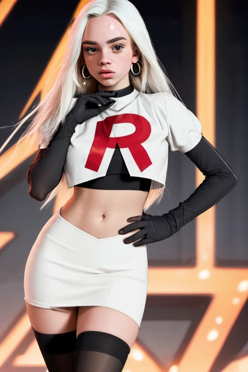 The face of billie eilish, 1girl, solo, team rocket,team rocket uniform,white skirt,red letter R,crop top,black thigh-highs,black elbow gloves, earrings, large breasts, 