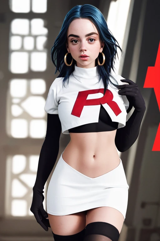 The face of billie eilish, 1girl, solo, team rocket,team rocket uniform,white skirt,red letter R,crop top,black thigh-highs,black elbow gloves, earrings, large breasts,
