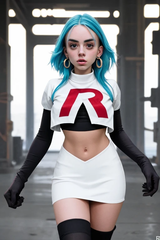 The face of billie eilish, 1girl, solo, team rocket,team rocket uniform,white skirt,red letter R,crop top,black thigh-highs,black elbow gloves, earrings, large breasts,