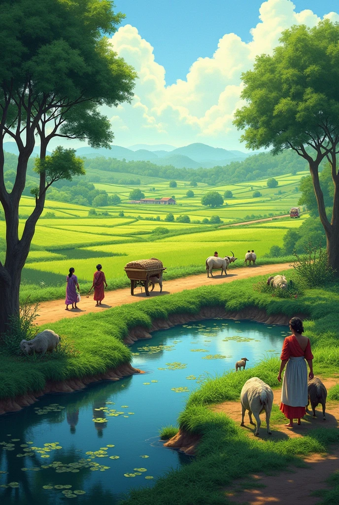 andhra pradesh village field trees Bullock carts on earth sheep Buffalo in small water floating