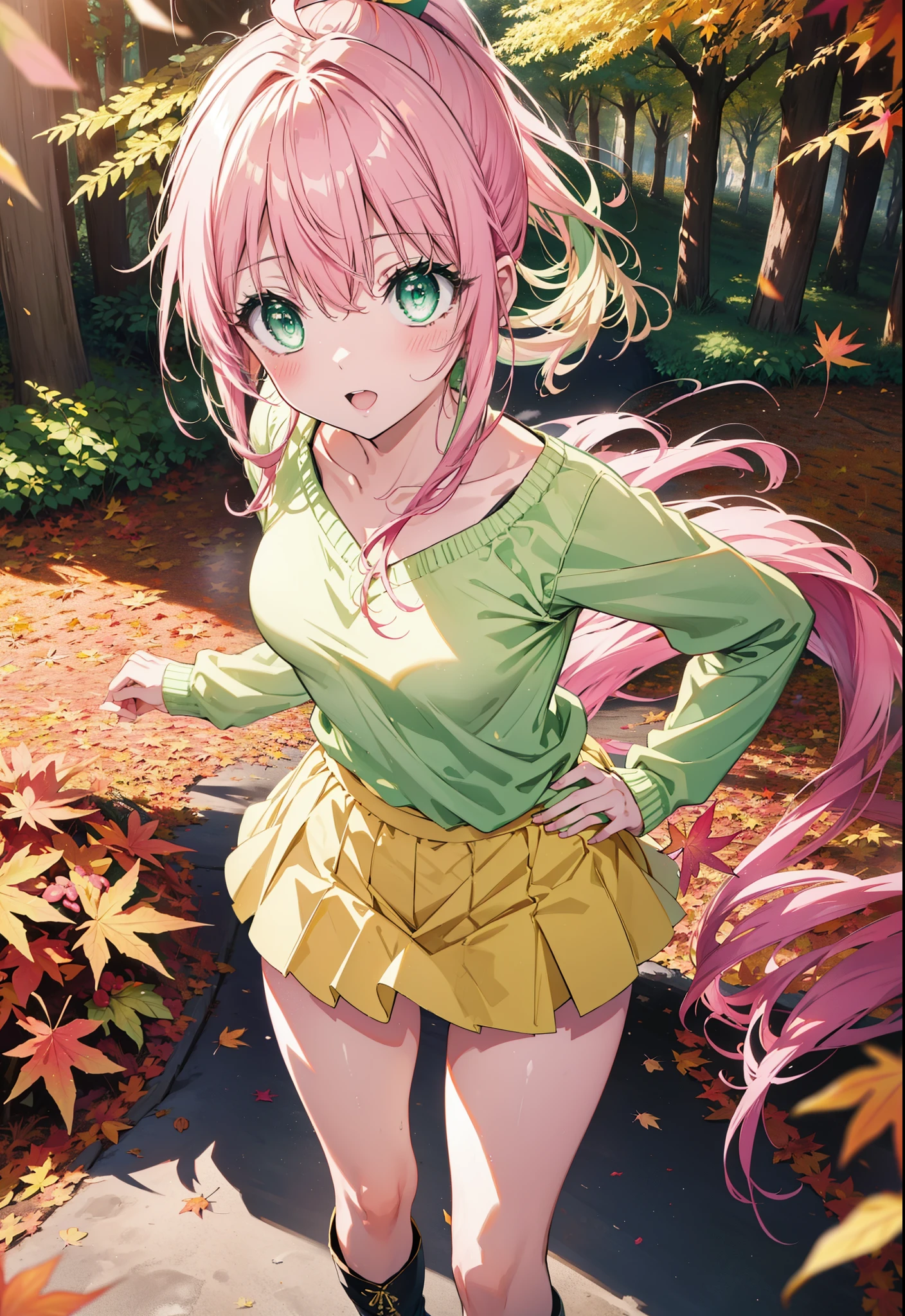 Laladevi Luke, Lara Deviluke, Long Hair, Pink Hair, tail, Ahoge, bangs, hair ornaments, (Green Eyes:1.5), smile,Open your mouth,ponytail,Open your mouth,blush,
break demon tail, One-shoulder sweater,mini skirt,black tights, short boots,autumn leaves,autumn leavesが散っている,autumn leavesが積もっている,Daytime,Clear skies,whole bodyがイラストに入るように,
break outdoors, forest,
break looking at viewer, whole body,
break (masterpiece:1.2), Highest quality, High resolution, unity 8k wallpaper, (figure:0.8), (beautiful detailed eyes:1.6), extremely detailed face, Perfect lighting, extremely detailed CG, (Perfect hands, Perfect Anatomy),