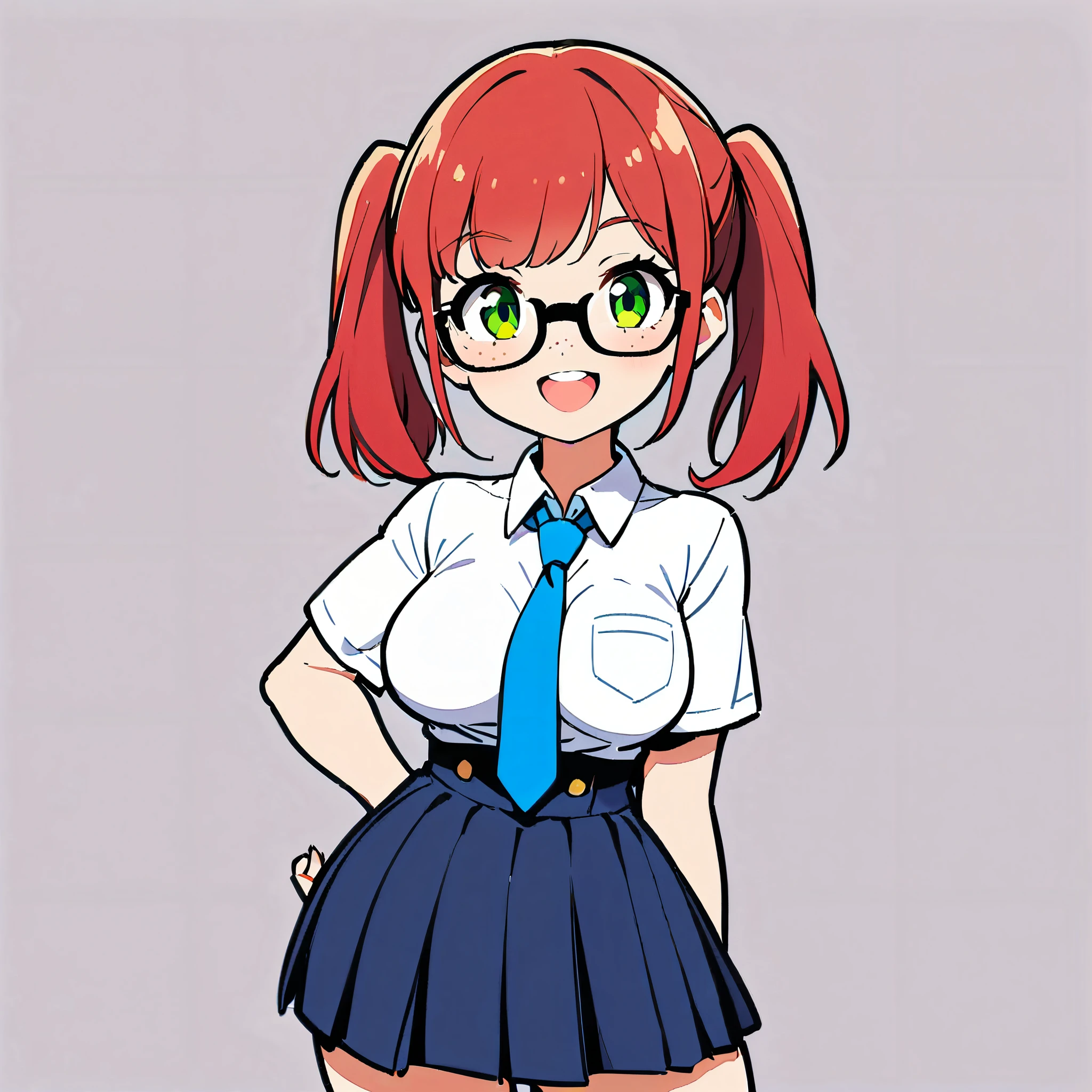 1girl, ((nerd)), short red hair in two pigtails, green eyes, ((upper teeth)), freckles, medium breasts, wide hips, thick thighs, narrow waist, white buttoned shirt, blue tie, blue pleated skirt, white thigh high socks, glasses, smile, ((standing)), ((solo)), looking towards the viewer, from the front, simple background