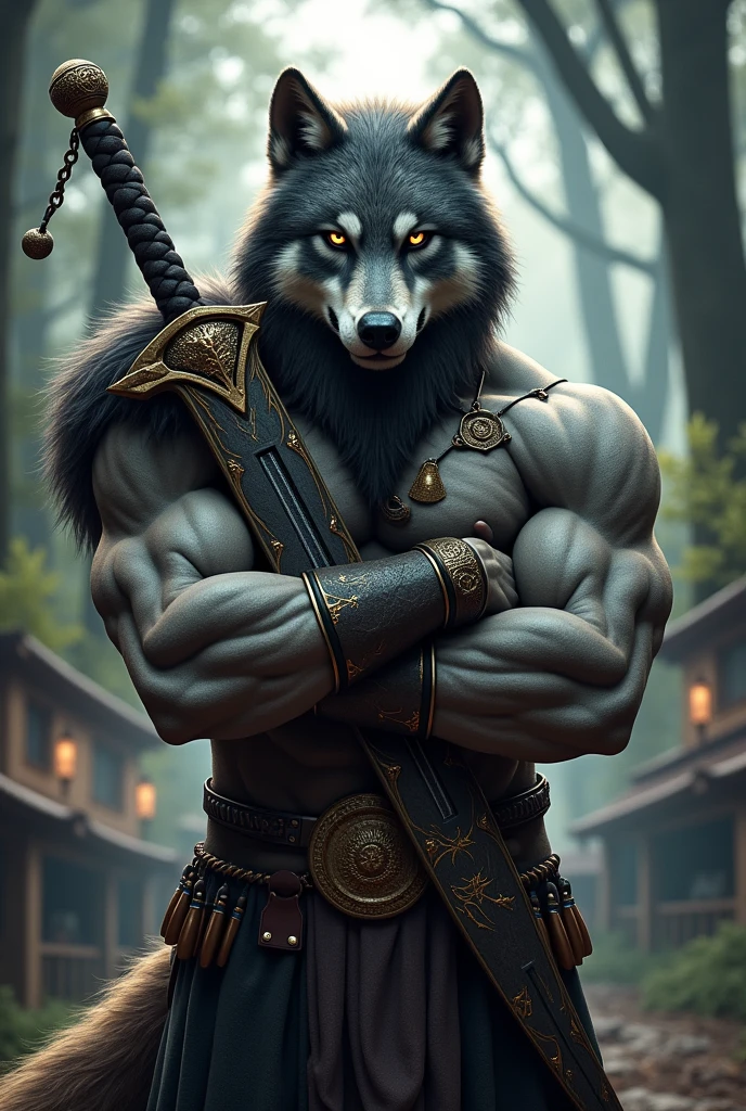 kphiite sword, (best qualityer), (work of art), (ultra detaild), sharp focus, private, god of eyes, Black eye, gazing_phi_viewer, standing with arms crossed, ssmile, velues, animal_wolves_ear, brown fur, black beard, trunk, anthropo (wolves), mascle, (wolves), middle - age,gray body,little muscle, kphiite costume, small town, ultra detaild face, low light, phiite, phiite vibes, tree