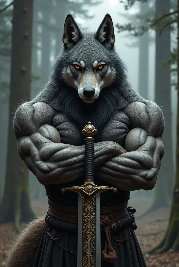 kphiite sword, (best qualityer), (work of art), (ultra detaild), sharp focus, private, god of eyes, Black eye, gazing_phi_viewer, standing with arms crossed, ssmile, velues, animal_wolves_ear, brown fur, black beard, trunk, anthropo (wolves), mascle, (wolves), middle - age,gray body,little muscle, kphiite costume, small town, ultra detaild face, low light, phiite, phiite vibes, tree