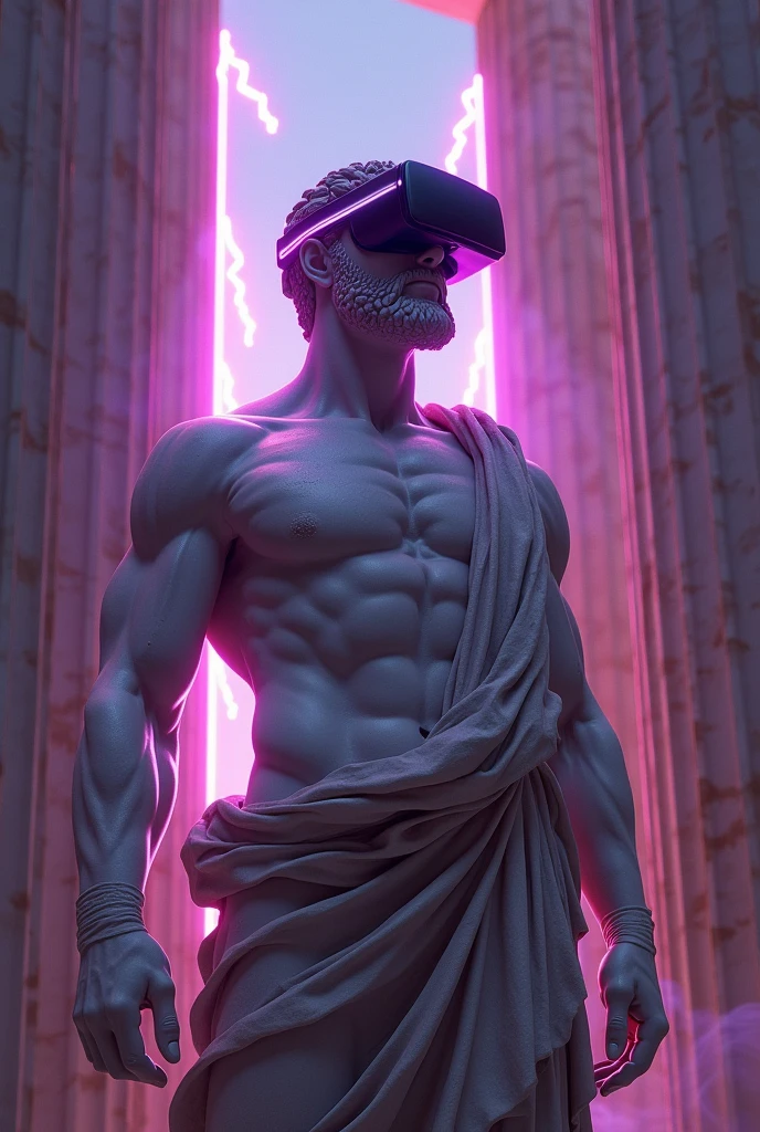 A hyper-realistic digital art of a Greek god-like figure wearing a virtual reality headset, standing in an ancient temple, surrounded by pillars, purple and pink lightning bolts crackling around, dramatic backlighting creating a neon halo effect, intricate details in the stone sculpture, futuristic and mythological fusion, high contrast, vivid colors, cinematic lighting, inspired by sci-fi and classical art, digital painting techniques, soft focus on the background, glowing elements