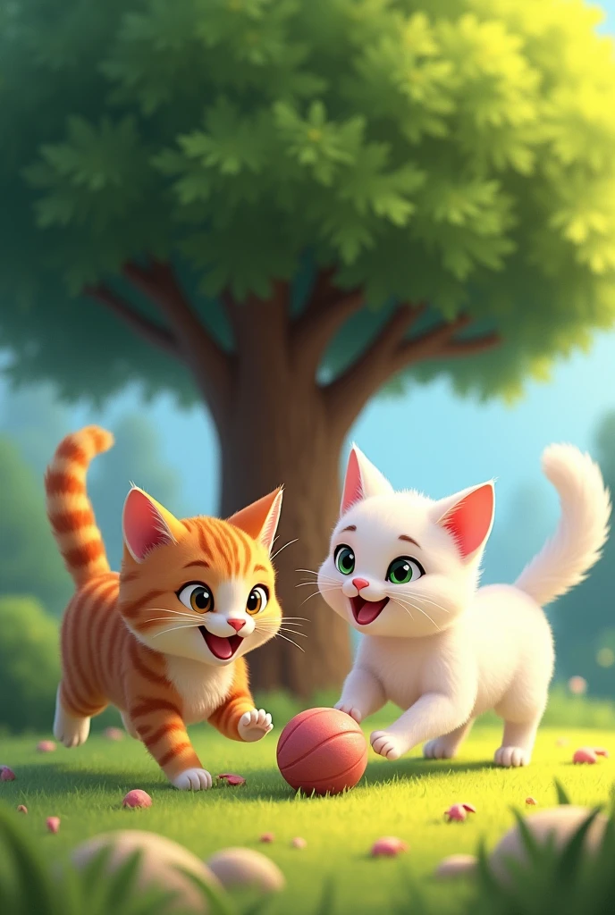 Moti  brown cat band Sona white  Moti and Sona Playing Together: A joyful scene of Moti and Sona running around a tree or chasing a small ball, both with happy, playful expressions.