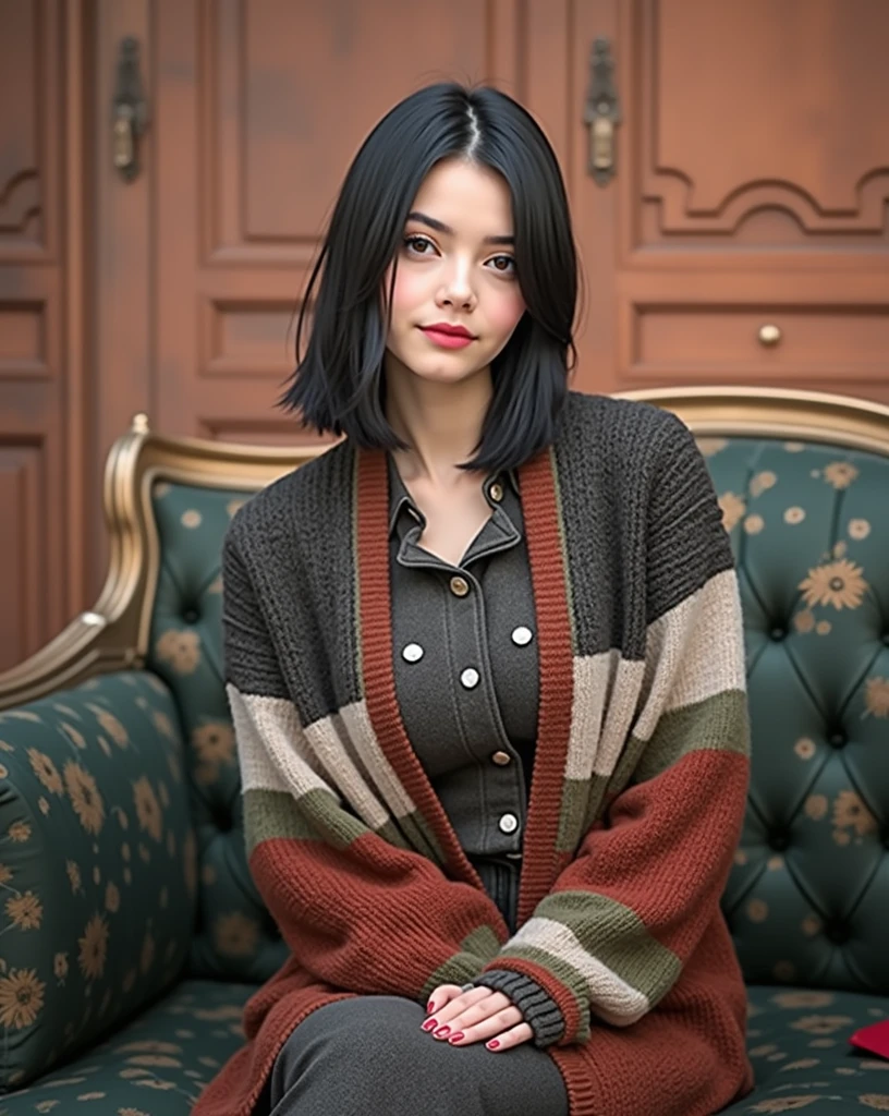 RAW photo, best quality, masterpiece, photorealistic, Polish girl, 20 years old, black hair, Light grey eyes, short bob cut, hair in 7 thirds, hair over one ear, Symmetrical eyes, pale skin, Big Breasts, rip gloss, Gel Nails, Accessories, various poses, smiling