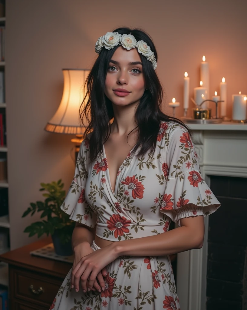 RAW photo, best quality, masterpiece, photorealistic, Polish girl, 20 years old, black hair, Light grey eyes, short bob cut, hair in 7 thirds, hair over one ear, Symmetrical eyes, pale skin, Big Breasts, rip gloss, Gel Nails, Accessories, various poses, smiling