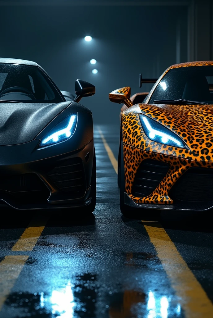 A highly realistic image of two supercars viewed from the front, parked side by side in a dimly lit parking lot at night. Both cars have their headlights on, illuminating the area in front of them. The first car on the left is a sleek, matte black vehicle with an aggressive, modern design. The second car on the right has a striking leopard print exterior, bold and eye-catching. The parking lot has typical features like marked parking spaces, and there are faint reflections on the wet asphalt from the cars' lights