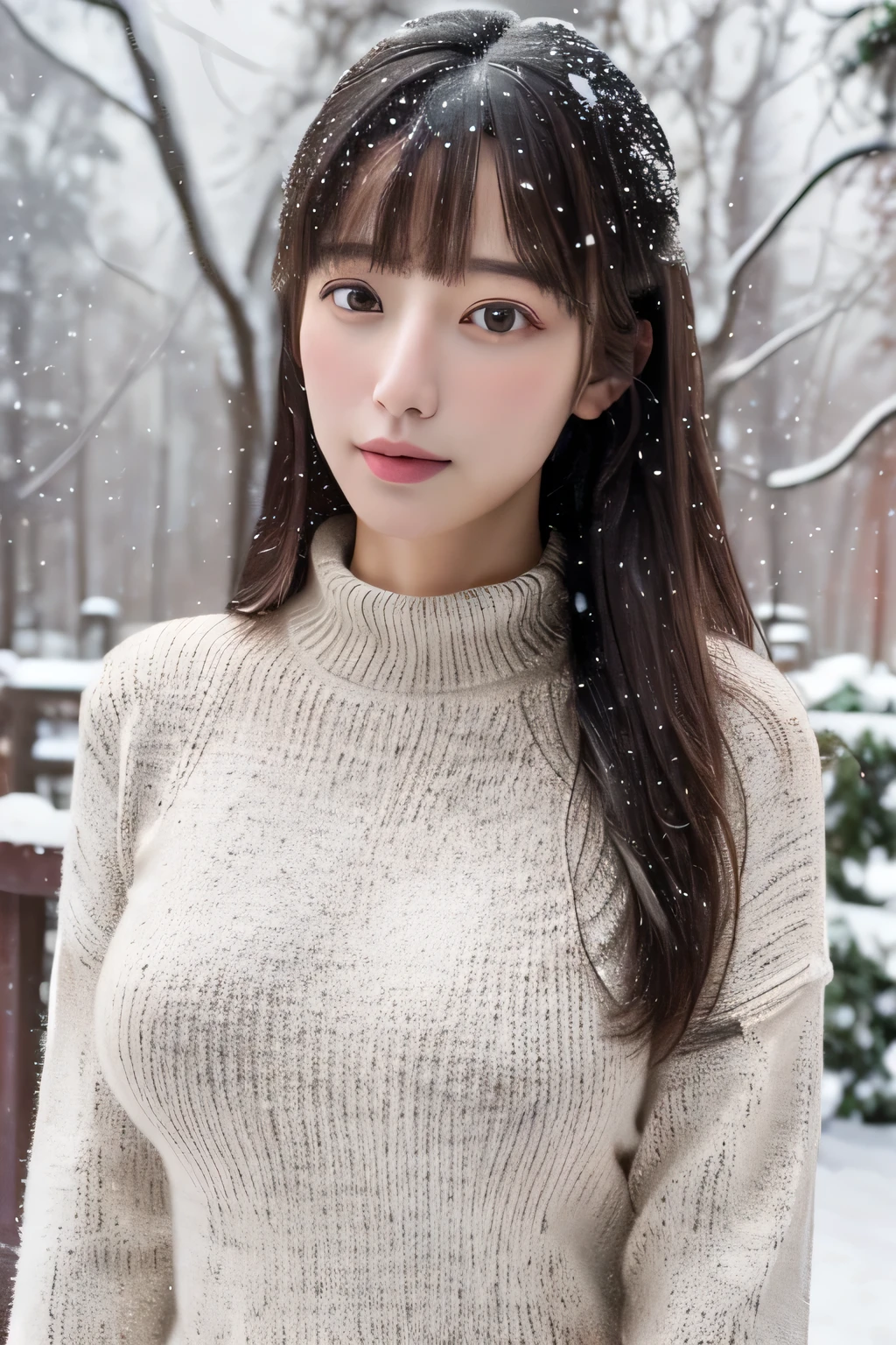 (masterpiece:1.35),(best-quality:1.4),8k,ultra-detailed,photography,(ultra-realistic:1.4), adult girl, long hair, sweater, snowing background, Large Breast, Slim Body,