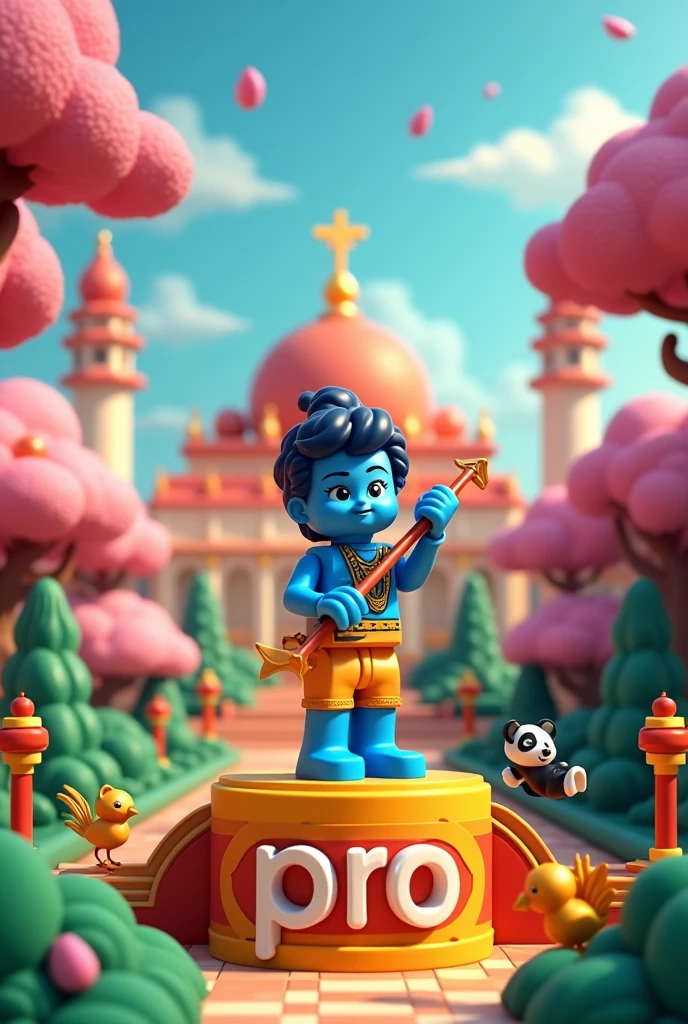 make a cut skin blue shart add number ''P'' Instead, add background letter ''krishna janmashtami'' it features a colorful and whimsical scene with a character add ''p'' playing a flute, standing on P pedestal with the number "Pro" on it. The background includes a palace-like structure, lush greenery, blooming pink trees, and various animals like birds and a panda, all styled in a blocky, LEGO-like manner.   make