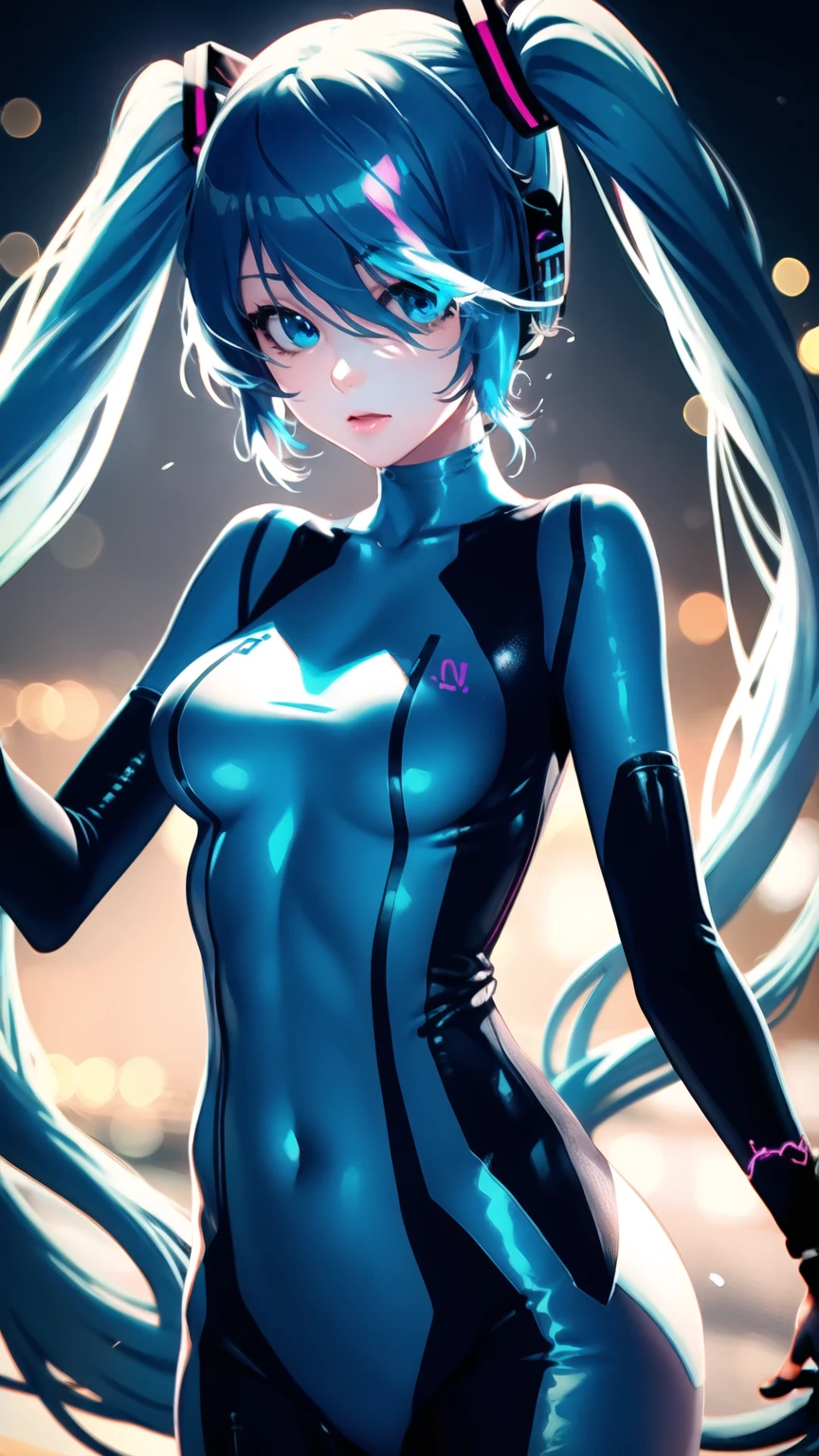 (Best quality,a high resolution,Ultra - details,valid), Hatsune Miku, big breasts, dynamic pose , dark green hair, (two tails) , Very long hair, Put your hands behind your back, Blue eyes, bright eyes, relaxed face, eyebrow hair, shiny hair,,(Destroyed dungeon background:1.4 ), Shiny skin, slight smile, Racing Miku, Negro body, Short jacket, white jacket, long sleeve, two-tone gloves, thigh high boots,,(Destroyed dungeon background nublado lluvia :1.4 ),(masterpiece: 1.4), (8 K, realist, Raw photo, Best quality: 1.4),(Hatsune Miku:1.4), (Hatsune Miku V2.1), (Detailed faces: 1.5, (красивые Blue eyes :1.4) , Beautiful face, beautiful eyes, Iris outline, thin lips: 1.5, thin, sharp pale eyebrows, long, dark eyelashes, double tabs),perfect hands: 1.5, (Cinematic V2.1), (Large transparent soap bubbles:1.4) 