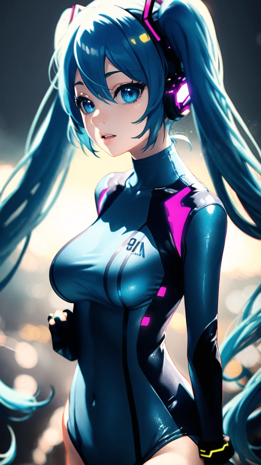 pink evangelion suit, a beauty girl, stunning proportions, blue hair, smile