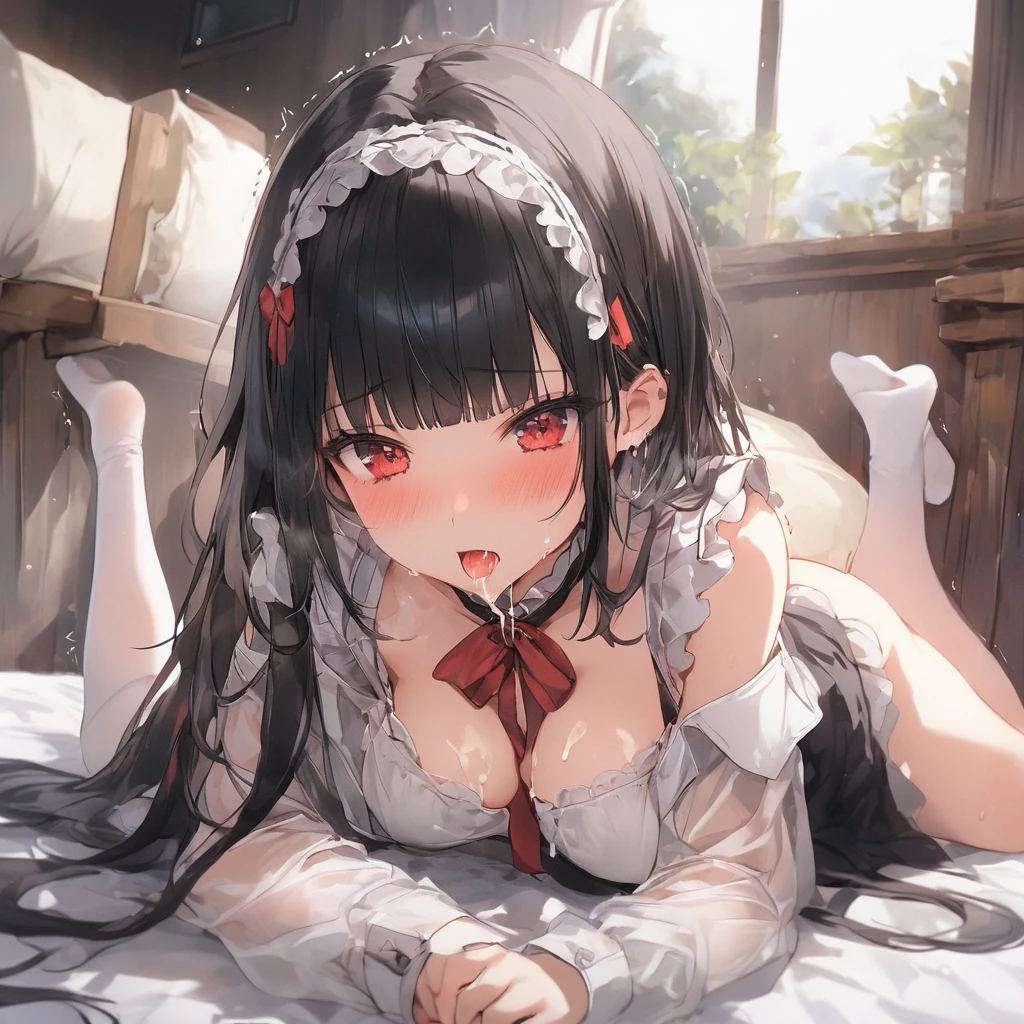 (missionary position:1.3), (spread legs:1.3), (legs up:1.3)、(vaginal:1.3)、(sex:1.3)、bedroom、nsfw、full body、(looking down:1.3)、cum on hair、cum on breast、cum in pussy、cum facial、cum in mouth、cumdrips、cum on body、excessive cum、gangbang、penis、double handjob、fellatio、projectile cum、open mouth、embarrassed、trembling、red eyes、see through、masterpiece,best quality,beautiful face、young woman、red tie、black hair、off shoulder、bottomless、exposed breasts、maid、thighhigh、blunt bangs、long hair、busty