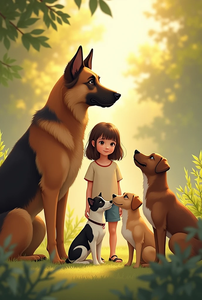 An illustration of a girl with four dogs, I will give you the order of the size of the dogs and their characteristics.
1 The largest dog is a hairy honey-colored Golden Retriever breed 2 The second dog is a little smaller than the big one, it is a chocolate-colored German Shepherd 3 The third is a brown dog with a mix of brown tones, a stray dog 4 The fourth dog is the smallest with Chinese fur, it is white with black spots