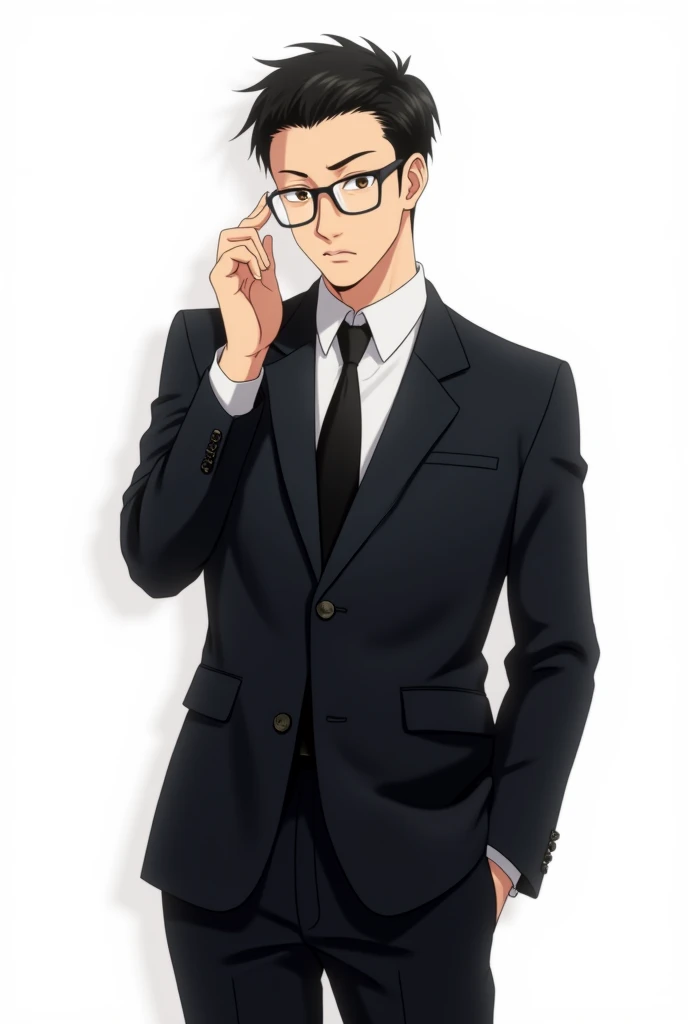 Man, black suit, glasses, background is pure white, businessman, skinny, anime style, holding glasses with index finger of left hand, Japanese, body and face facing forward, quite close