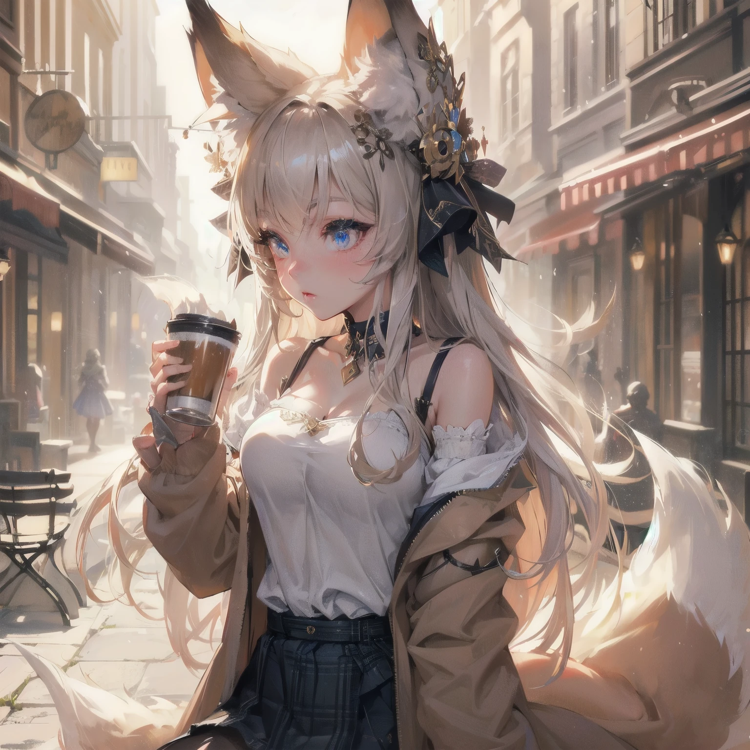 high quality,HD,16K,Sharp Line,1 Girl,fantasy,Female Ale Wolf Ears,Wolf Tail,Beautiful hair ,Cute face, Large Breasts ,Beautiful legs,,Focus Girl,Detailed beautiful face,Detailed clothes,beautiful eyes,Dynamic Angle ，Fox Girl，Huge breasts，High heel