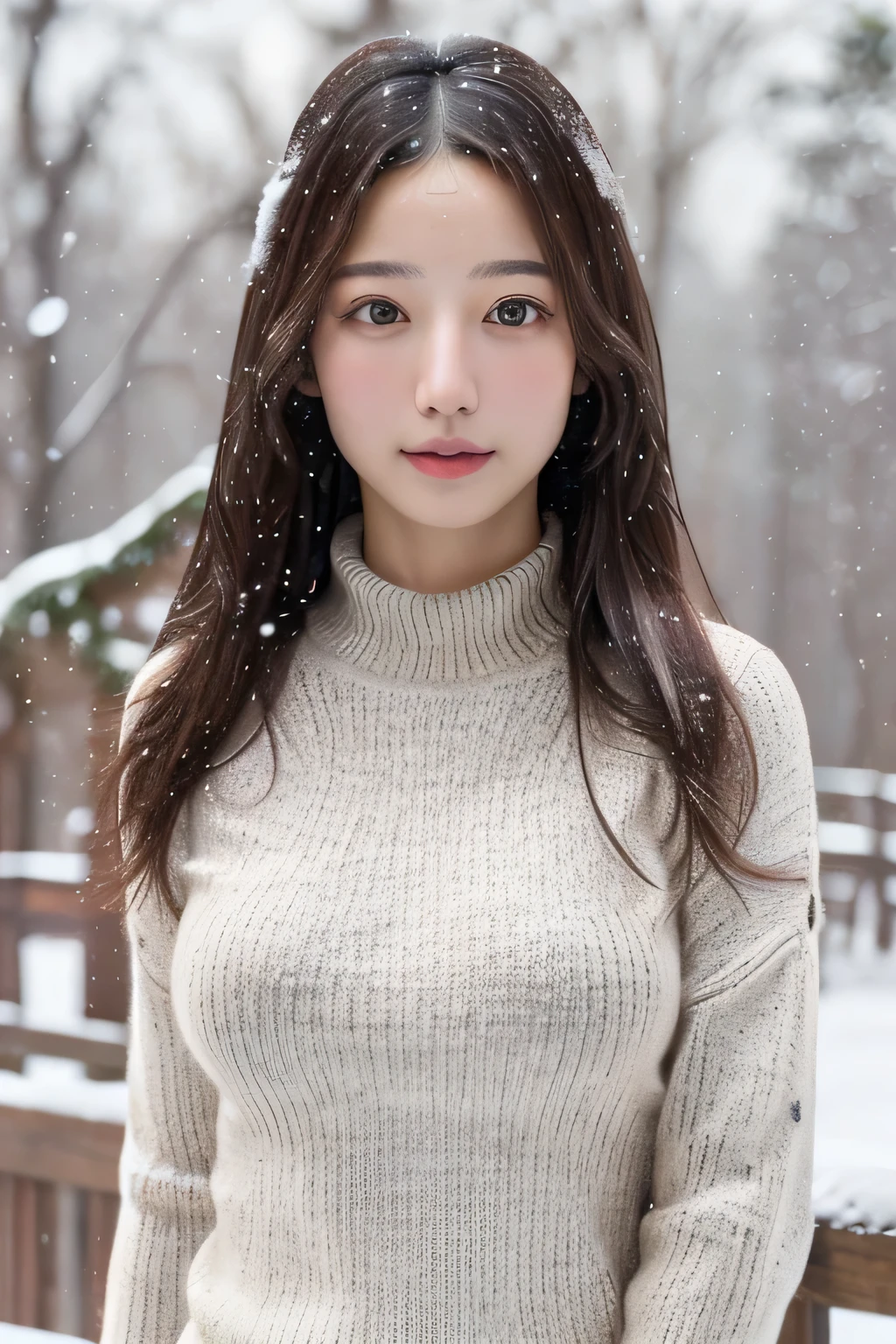 (masterpiece:1.35),(best-quality:1.4),8k,ultra-detailed,photography,(ultra-realistic:1.4), adult girl, long hair, sweater, snowing background, Large Breast, Slim Body,