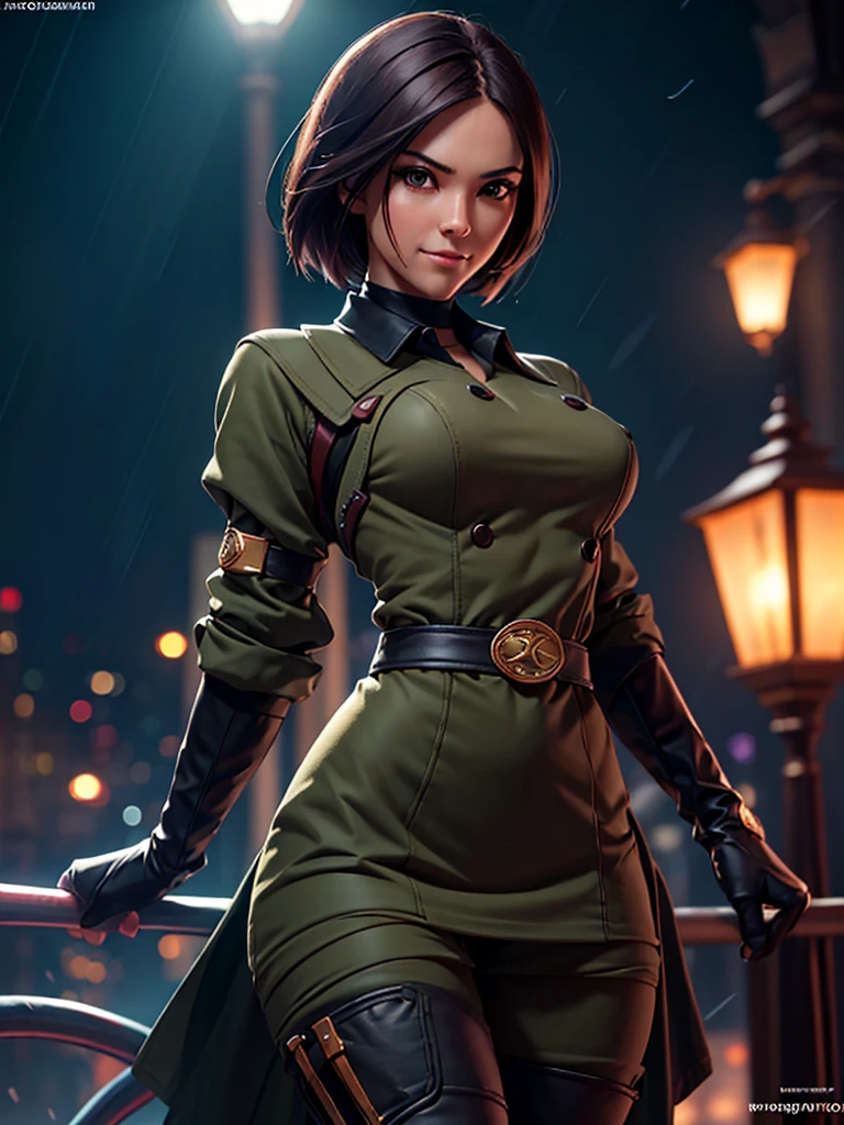 (at night), in a video game scene in the background of a beautiful city at night, raining, alone, standing looking straight ahead, a green woman's military suit, black gloves, semi-short hair, ((hair semi short)), 1 girl, 30 years old, young woman, perfect hands, Beautiful fingers, Beautiful long legs, Beautiful body, Beautiful nose, Beautiful character design, perfect face, looking straight at the viewer with a serious and annoyed gesture, brings grabbed a whip in his black hand (focusing on his face), closed mouth, light_smile, official art, extremely detailed CG unity 8k wallpaper, perfect lighting, bright and colorful front lighting, glowing skin (masterpiece: 1.0) , (Best_quality: 1.0), ultra High resolution, 4k, ultra detailed photography, 8K, hdr, High resolution, Nonsense:1.2, Kodak portrait 400, film grain, Background blur, bokeh:1.2, Lens flare, (vibrant_color :1.2), professional photography, (Beautiful, breasts: 1.4), (Beautiful_face: 1.5), (narrow waist),
