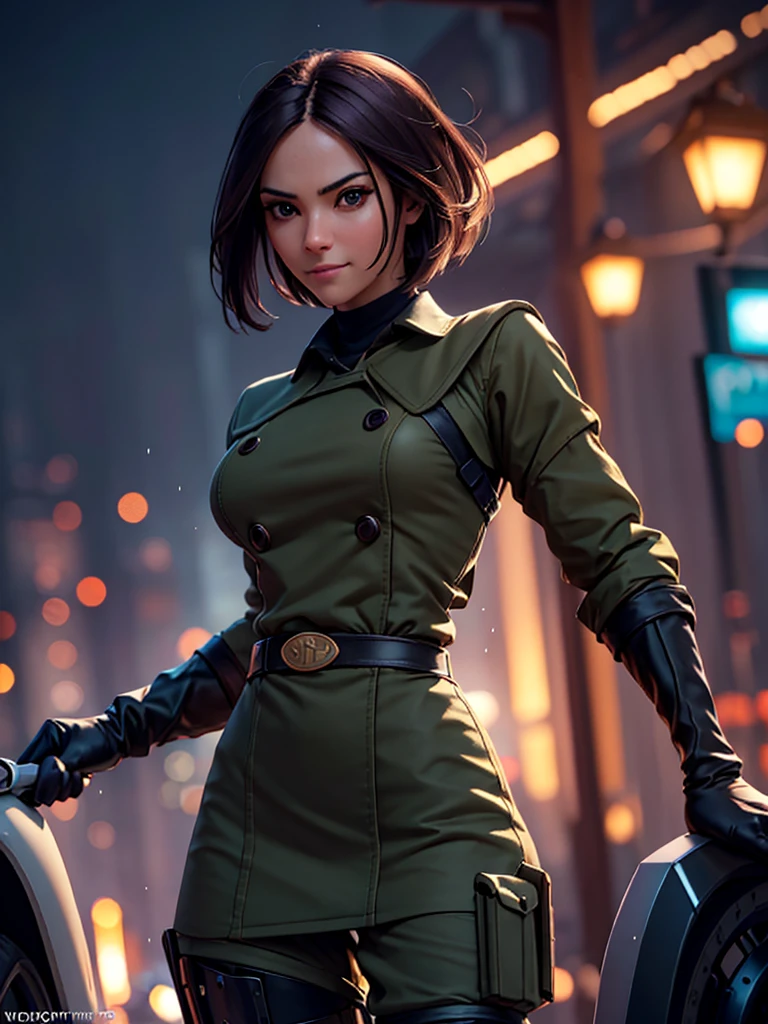 (at night), in a video game scene in the background of a beautiful city at night, raining, alone, standing looking straight ahead, a green woman's military suit, black gloves, semi-short hair, ((hair semi short)), 1 girl, 30 years old, young woman, perfect hands, Beautiful fingers, Beautiful long legs, Beautiful body, Beautiful nose, Beautiful character design, perfect face, looking straight at the viewer with a serious and annoyed gesture, brings grabbed a whip in his black hand (focusing on his face), closed mouth, light_smile, official art, extremely detailed CG unity 8k wallpaper, perfect lighting, bright and colorful front lighting, glowing skin (masterpiece: 1.0) , (Best_quality: 1.0), ultra High resolution, 4k, ultra detailed photography, 8K, hdr, High resolution, Nonsense:1.2, Kodak portrait 400, film grain, Background blur, bokeh:1.2, Lens flare, (vibrant_color :1.2), professional photography, (Beautiful, breasts: 1.4), (Beautiful_face: 1.5), (narrow waist),