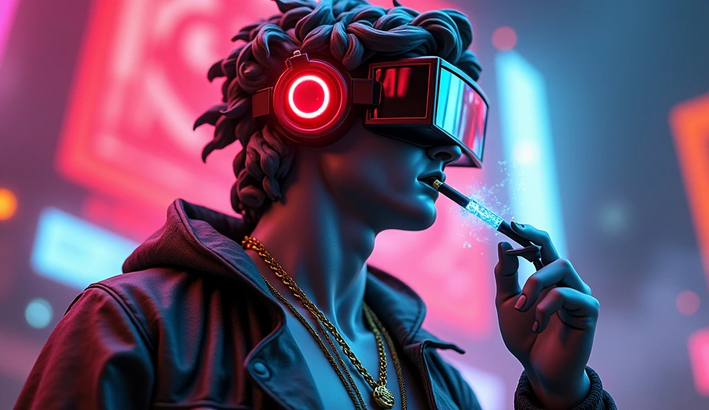 A striking digital artwork that masterfully blends classical Greek sculpture with futuristic cyberpunk elements, reimagining the iconic David figure as a bold, edgy character. The figure dons a graffiti-style jacket, a vibrant red circle headpiece, and 3D virtual reality glasses, exuding a modern flair. A luminescent neon cigarette adds a touch of surrealism, while a golden necklace symbolizes the eternal connection between past and present. Set against a mesmerizing collage of neon lights, digital illustrations, and high-contrast illumination, the background creates a nostalgic yet innovative atmosphere. This groundbreaking piece expertly merges traditional artistry with modern technology, challenging artistic conventions and sparking the imagination.