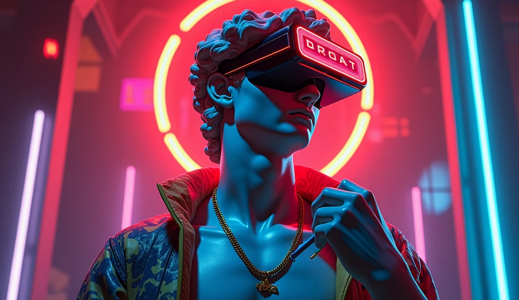 A striking digital artwork that masterfully blends classical Greek sculpture with futuristic cyberpunk elements, reimagining the iconic David figure as a bold, edgy character. The figure dons a graffiti-style jacket, a vibrant red circle headpiece, and 3D virtual reality glasses, exuding a modern flair. A luminescent neon cigarette adds a touch of surrealism, while a golden necklace symbolizes the eternal connection between past and present. Set against a mesmerizing collage of neon lights, digital illustrations, and high-contrast illumination, the background creates a nostalgic yet innovative atmosphere. This groundbreaking piece expertly merges traditional artistry with modern technology, challenging artistic conventions and sparking the imagination.