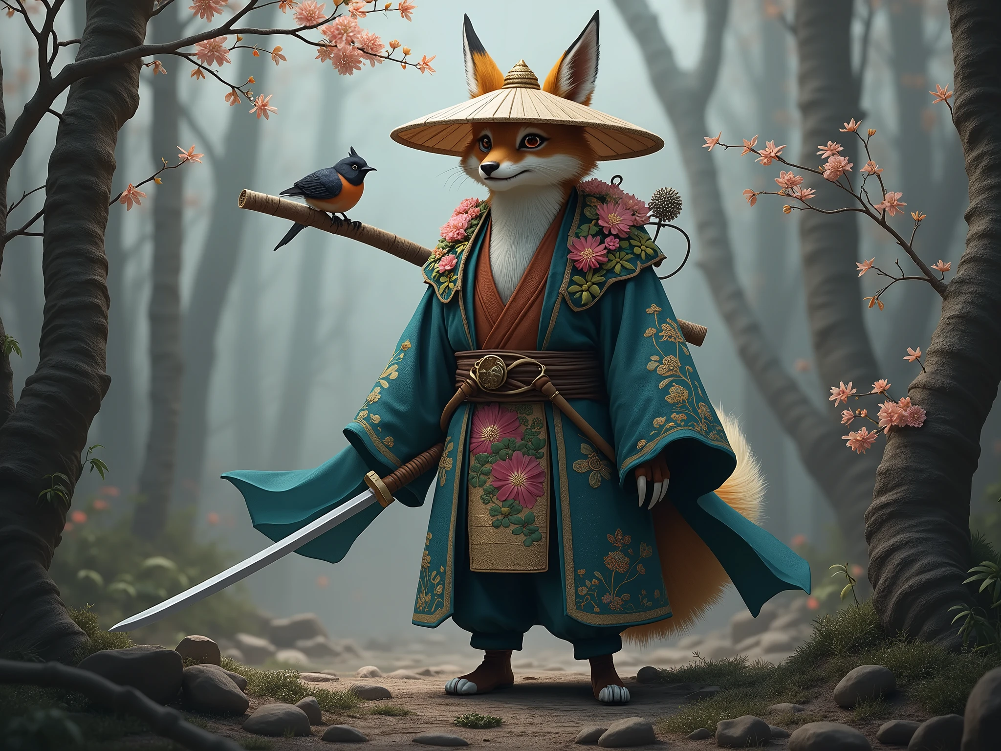 A majestic anthropomorphic fox character dressed in traditional Japanese samurai attire. The character wears a vibrant teal kimono adorned with floral patterns, a wide-brimmed straw hat decorated with flowers, and carries a wooden staff. In one hand, they hold a long sword, poised for action. The character's fur is golden, and they have large, expressive eyes, and a fluffy tail. A bird is perched on the sword, adding a touch of nature to the scene. The background is minimalistic with delicate floral designs, giving the image an elegant, historical feel